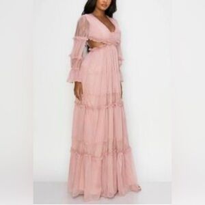 Rosevelvet Dusty Pink Lace Cut-Out Tiered Maxi Dress Size Medium